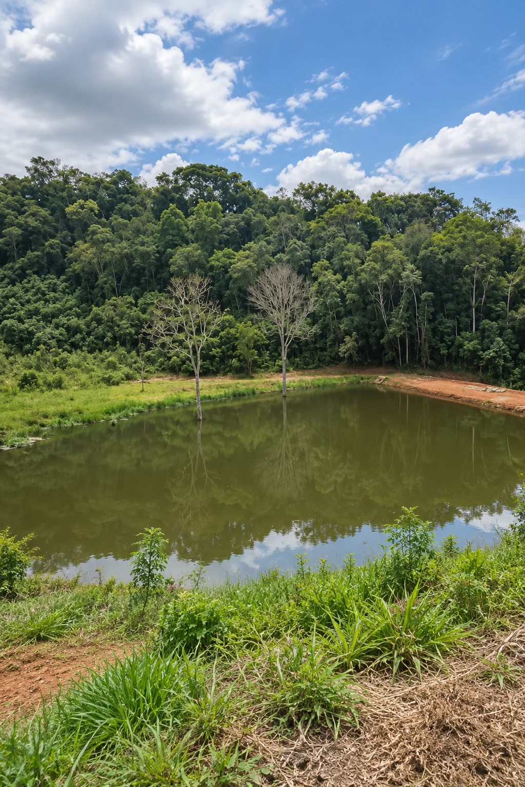 Corpo d’água em área rural cercado por vegetação